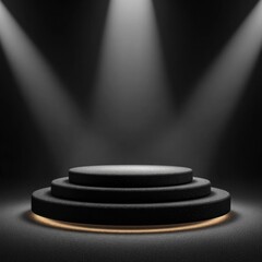 Black Podium Under the Spotlight: A sleek, black podium illuminated by dramatic spotlights, perfect for presentations, events, or showcasing products, set against a dark backdrop.