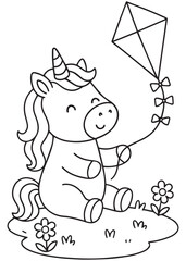 Coloring book page unicorn flying a kite on a sunny day.