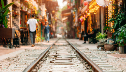 Vibrant Hanoi railway street scene with blurred figures and lively atmosphere