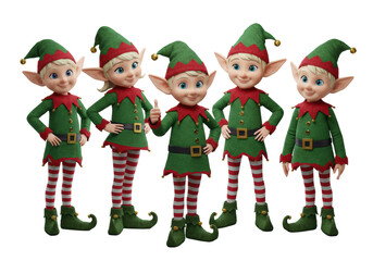 Five cheerful cartoon elves in festive green and red holiday attire, one giving a thumbs-up, against a transparent studio background with no shadows, photorealistic render. Concept of holiday helpers
