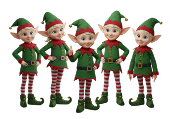 Five cheerful cartoon elves in festive green and red holiday attire, one giving a thumbs-up, against a transparent studio background with no shadows, photorealistic render. Concept of holiday helpers