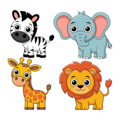 Group of cartoon animals including zebra, elephant, giraffe and lion with expressive eyes and colorful styling in cute children’s illustration