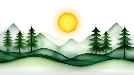 Obraz premium Serene Watercolor Landscape Sunlit Mountain Range with Evergreen