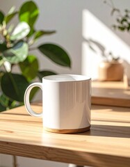 White mug on wooden table with plants.