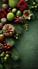 Festive arrangement of natural elements for seasonal decor on textured green background