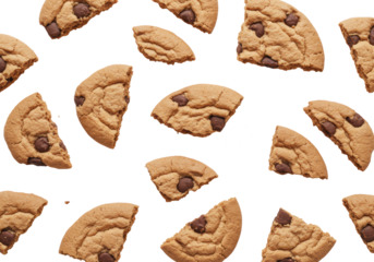 Crumbled chocolate chip cookies in varied sizes, showcasing internal structure and chips, artfully scattered on a pristine bright white background with copy space, ultra-bright diffused top-down