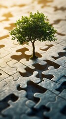 Tree Growing from Puzzle Pieces Symbolizing Sustainability and Creative Problem Solving, and connecting ideas in an abstract concept.