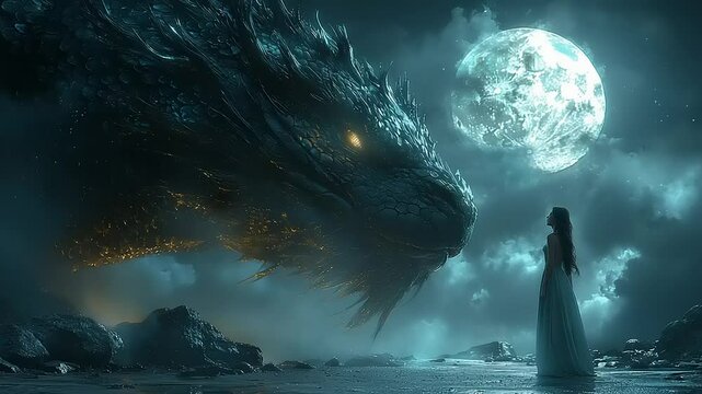 Mythical dragon and a woman under a full moon