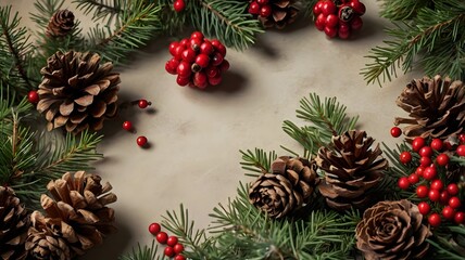 Arreglo navideño con piñas, ramas de abeto y bayas rojas sobre fondo beige