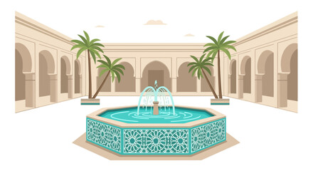Fototapeta premium Beautiful Courtyard with Ornate Fountain and Palm Trees in Traditional Arabic Architecture Illustration