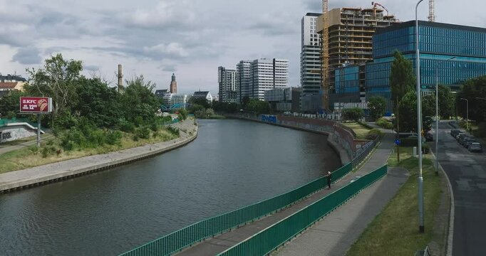 Aerial drone view of Wroclaw skyline with Odra River and Atal Towers