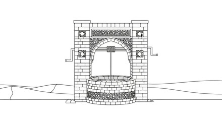 Old Stone Water Well in Desert Landscape Line Art Illustration