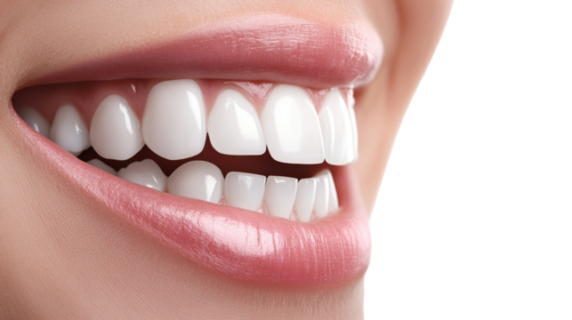 Close-up of a young woman with healthy white teeth smiling, showing off her beautiful dental work and fresh lips above a transparent mask. PNG