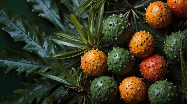 Frutas decoradas con clavos sobre hojas verdes