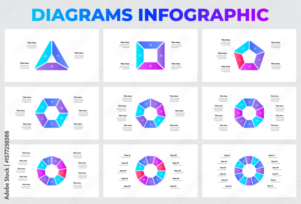 Sticker collection of cycle infographic diagrams divided into segments from 3 to 12 for visually presenting 