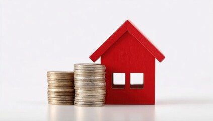 Real estate competition. Red house model beside stacked coins representing real estate investment.