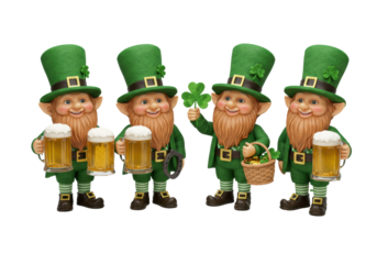 Four charming, elderly male leprechauns with beards and green top hats hold frothy beer mugs on a clean white background with scattered shamrocks, conveying triumphant joy and shared merriment, Saint