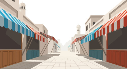Empty traditional market street with colorful awnings in Middle Eastern style