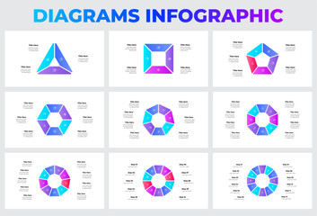 Collection of cycle infographic diagrams divided into segments from 3 to 12 for visually presenting business, data, and analysis with creative design elements. Ideal for professional reports