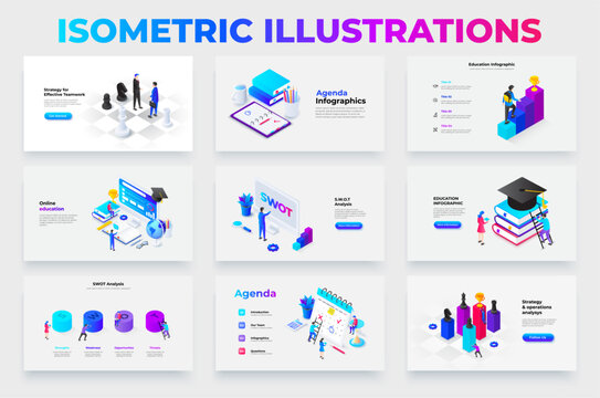 Collection of isometric business and education infographics showcasing teamwork, SWOT, agenda, analysis, learning, and strategy concepts in minimalistic designs.