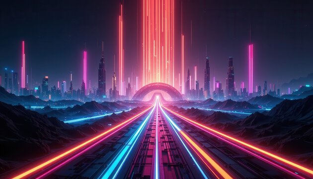 Futuristic neon city skyline with luminous highway leading to the horizon