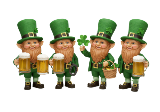 Four charming, elderly male leprechauns with beards and green top hats hold frothy beer mugs on a clean white background with scattered shamrocks, conveying triumphant joy and shared merriment, Saint