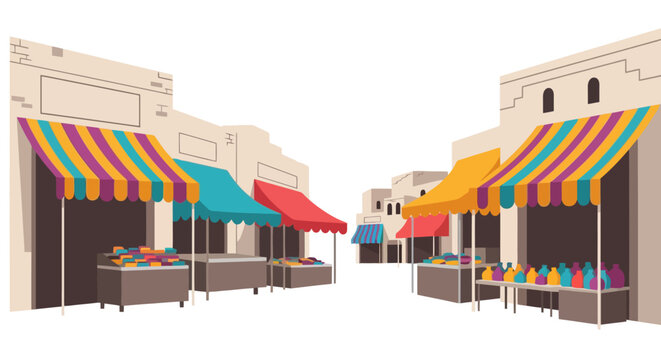 Traditional Street Market with Colorful Stalls and Historic Architecture Illustration