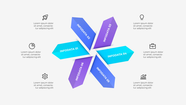 Six step arrows infographic, ideal for presenting data, processes, or business strategies in a visually engaging format. Cycle diagram with 6 processes