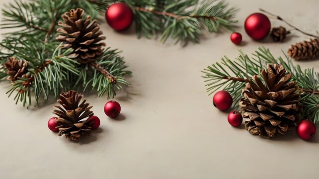Ramas de abeto con piñas y bolas rojas sobre fondo claro