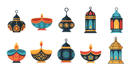 Vibrant Traditional Lamps and Lanterns Illustration Set for Cultural Celebrations and Home Decor