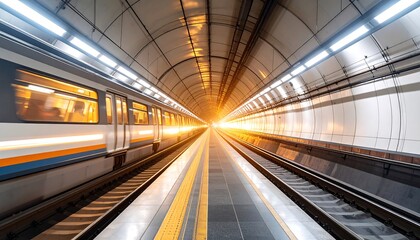 Obraz premium Subway train in a tunnel, bright light at the end