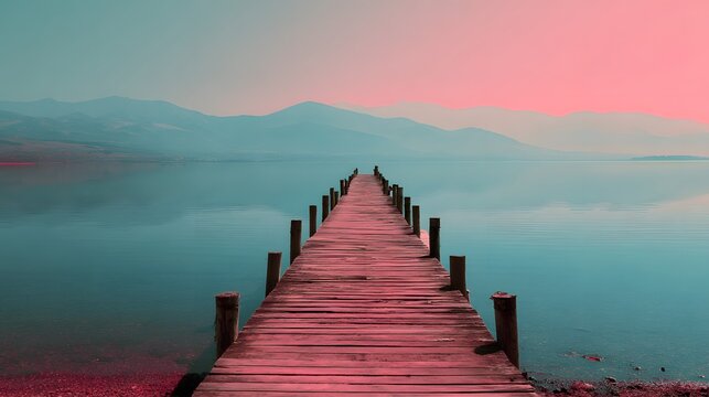 Pink sunset over calm lake and old wooden pier offering a peaceful waterscape and mountain view.