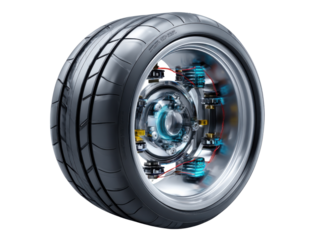 Innovation in Motion: An intricately detailed and futuristic car tire design, showcasing advanced technology and engineering in a sleek, modern aesthetic.