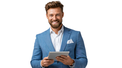Modern Executive: A confident businessperson, dressed in a stylish suit, is absorbed in using a tablet. The photo captures a professional environment.