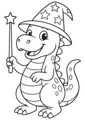 coloring book Wizard dinosaur with magic wand