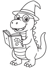 coloring book Dino wizard reading magical book

