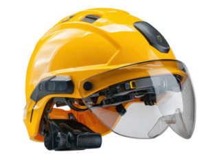 Smart Safety Helmet: A bright yellow hard hat equipped with advanced features such as a transparent visor, integrated lights, and cameras.