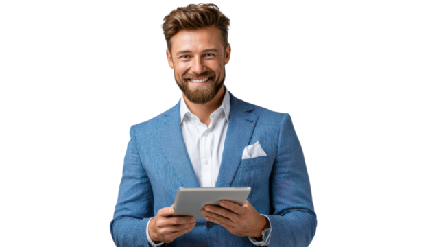 Modern Executive: A confident businessperson, dressed in a stylish suit, is absorbed in using a tablet. The photo captures a professional environment.