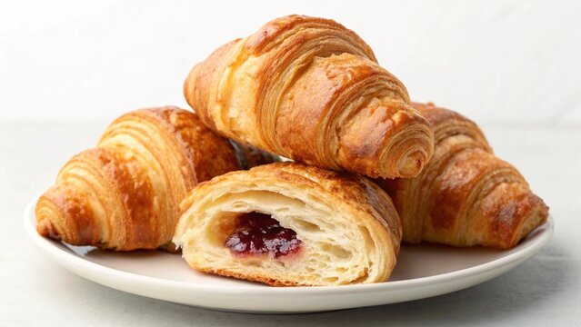 A delightful pile of golden, flaky croissants, with one cut in half to reveal a delicious berry jam filling, beautifully presented on a white plate, perfect for breakfast or a sweet treat.

