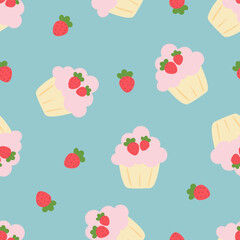 Cute red strawberry and cupcake seamless vector pattern. Doodle dessert and fruit vector for wallpaper, textile, fashion, background, stationery, wrapping, card, and phone cases.