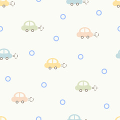 Obraz premium Seamless minimal colorful car toy and circle repeat pattern, flat vector design. Cartoon classic car background for Kids. Perfect for children fabric, textile, nursery wallpaper.
