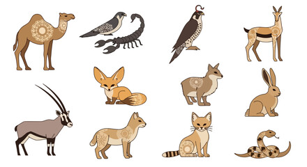 Fototapeta premium Desert Wildlife Vector Set: Arid Animals Collection. Camel, Fennec Fox, Falcon, Gazelle, Snake, Oryx, Scorpion, Hare Icons