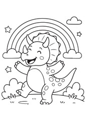 coloring book Dino dancing happily under rainbow