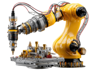 Robotic Precision: Industrial robot arm demonstrating accuracy and innovation, with the robotic arm meticulously handling components, showcasing technological advancement.