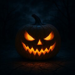 Eerily glowing jack-o'-lantern with menacing eyes sits on cracked ground beneath a dusky sky.