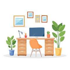 A cozy home office design with a desk, computer, chair and potted plants in a bright and modern graphic style.