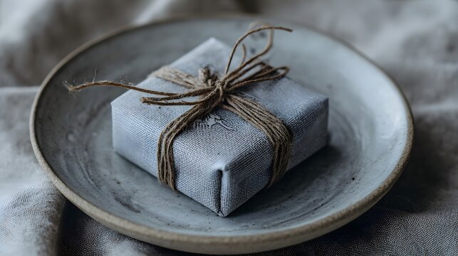 Wrapped gift with jute bow on plate, presents a rustic and charming sentiment.