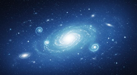 Naklejka premium Vast cosmic expanse showcasing a majestic spiral galaxy surrounded by distant nebulae and twinkling stars in deep space exploration