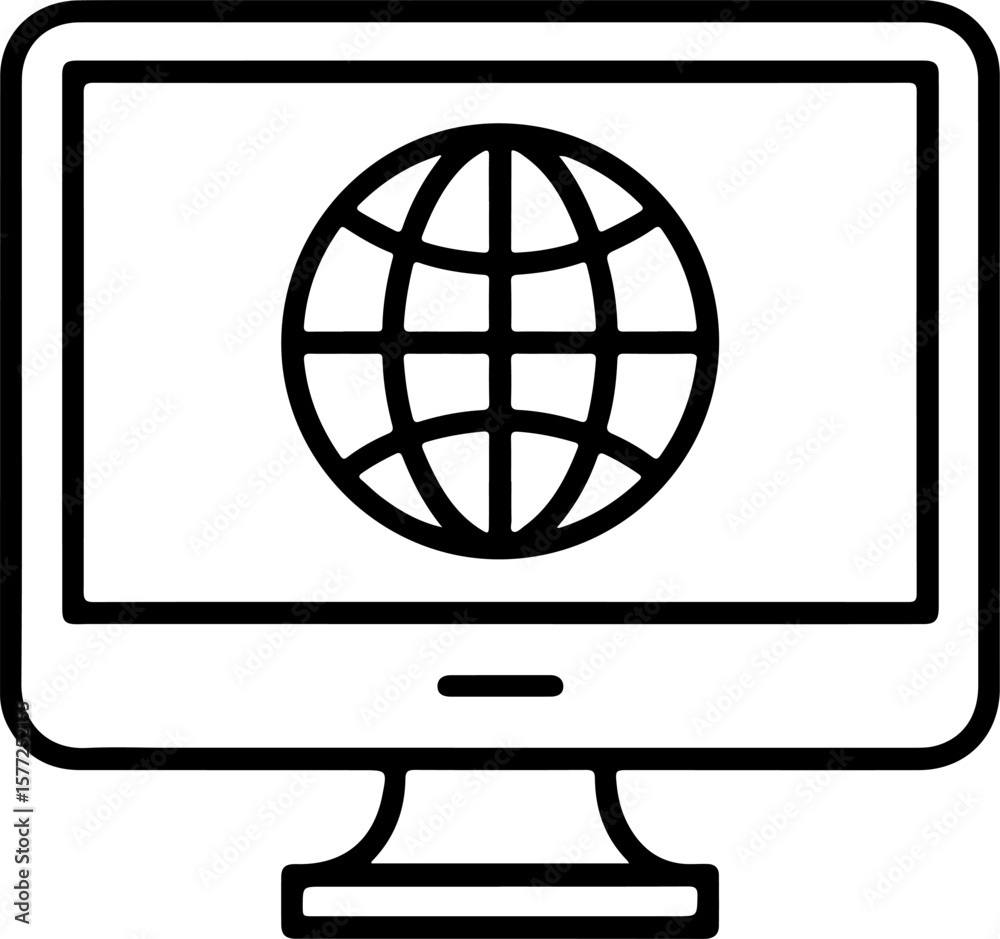 Poster computer monitor displaying a simple line art globe icon representing the internet