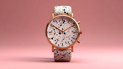 Elegant wrist watch showcasing a terrazzo pattern and gold accents against a soft pink background.